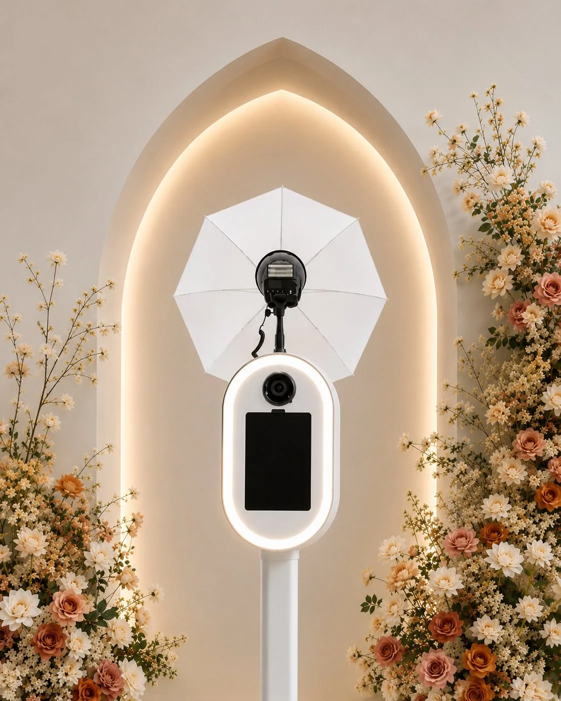 Pro Photobooth opgesteld in een gotische boog met bloemenarrangement aan beide zijden, chique bruiloftsetting
