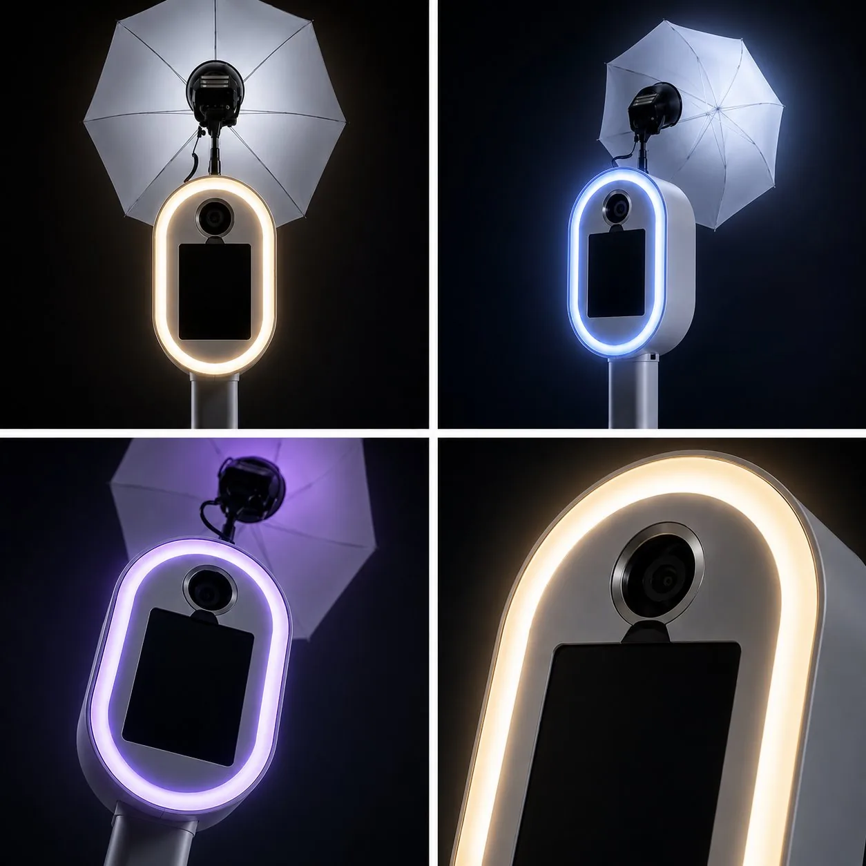 Pro Photobooth in vier verschillende LED-kleuren, warm wit, blauw, paars en goud